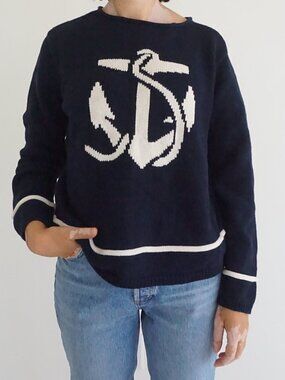 Vintage Liz Claiborne Navy Cream Anchor Rope Sailor Maritime Cotton Sweater M